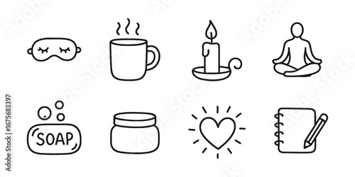 Self care and wellness icons set with sleep mask, tea, candle, meditation, soap, cream, heart and journal. Health and mindfulness concept.
