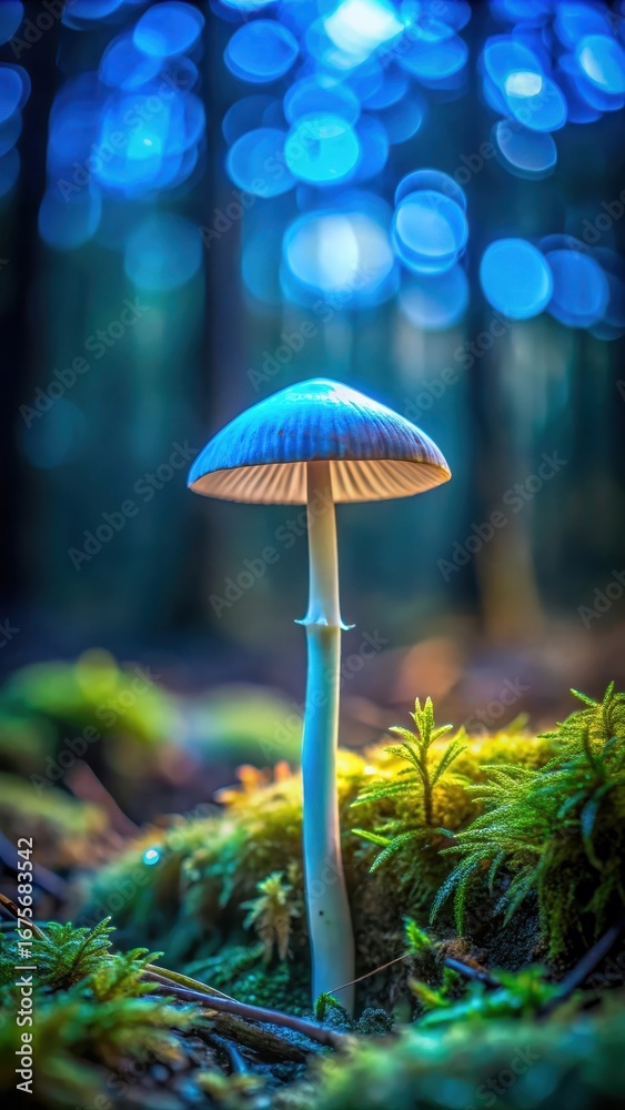 Fototapeta premium Softly glowing mushroom in the forest at night