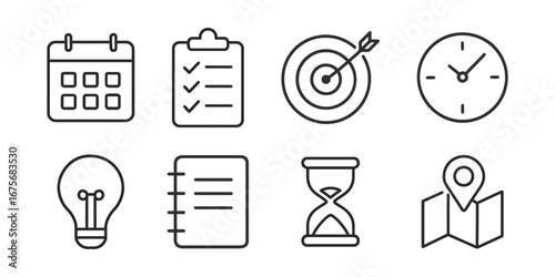 Minimal outline productivity icons set with calendar, checklist, clock, target, lightbulb, notebook, hourglass, and map. Time management and goal planning concept.