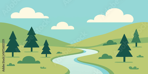 Nature vector landscape of green summer fields and rolling hills with trees under a blue sky