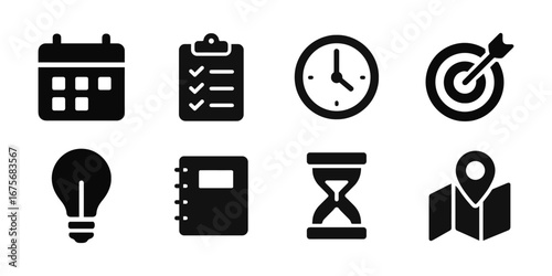 Solid black productivity icons set with calendar, checklist, clock, target, lightbulb, notebook, hourglass, and map. Planning and goal setting concept.