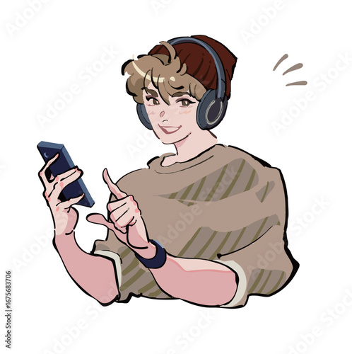 ヘッドフォンで音楽を聴きながらスマホを見ている男性のアイコンイラスト　笑顔
