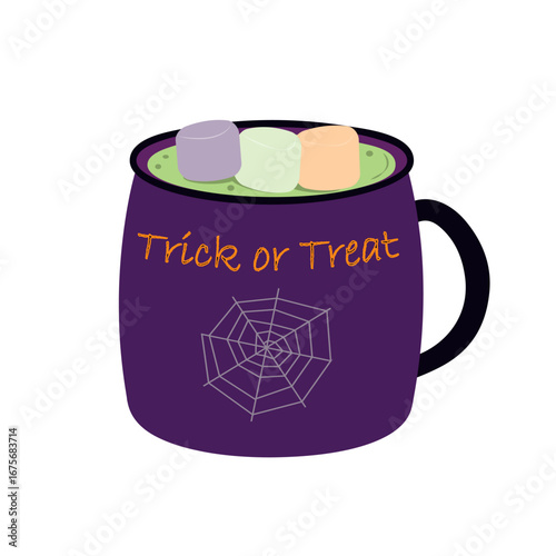 Halloween Cup with cobweb Trick or Treat Lettering and Witch potion and marshmallow Halloween design