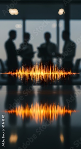 ​Digital sound waves reflecting on a boardroom table, with business people in the background, signifying modern communication technology.