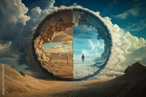 An image of time being broken into two parts, one side with a desert landscape and the other side with a cloudy sky