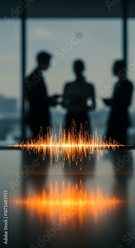 Abstract audio waveform overlaying a professional business discussion, representing corporate communication and voice data.