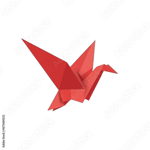 A vibrant red origami crane takes flight against a stark black backdrop.