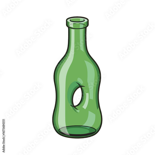 A stylized illustration of a lime green glass bottle with a distinctive circular cutout.