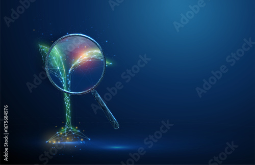 Plant under magnifying glass with red spot inside Plant disease, pest detection, infection monitoring, environmental protection, crop protection concept.