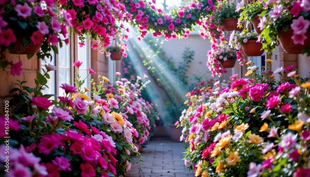 Fototapeta premium Enchanted Garden Scene with Vibrant Floral Arrangements