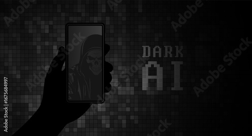 Vector poster. Black silhouette of human hand holding smartphone, death in hood, skull on screen. Lettering. Incomprehensible, unknown dark AI. Artificial intelligence. Darkness. Pixel background