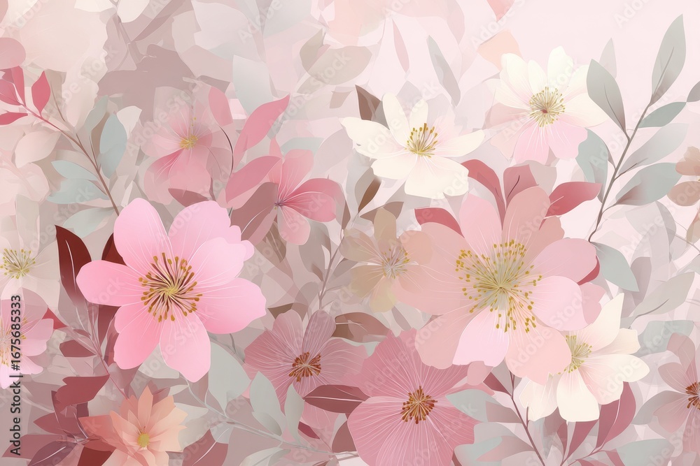 Fototapeta premium Beautiful soft floral background featuring pastel tones with delicate flowers and leaves in gentle hues for elegant decor