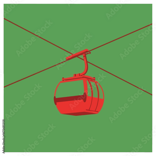 A red gondola hangs suspended by cables against a vibrant green background.