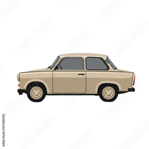 A light beige vintage car is displayed in profile view against a black backdrop.