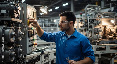 Factory engineer, mechanic adjusting machine, automation control panel
