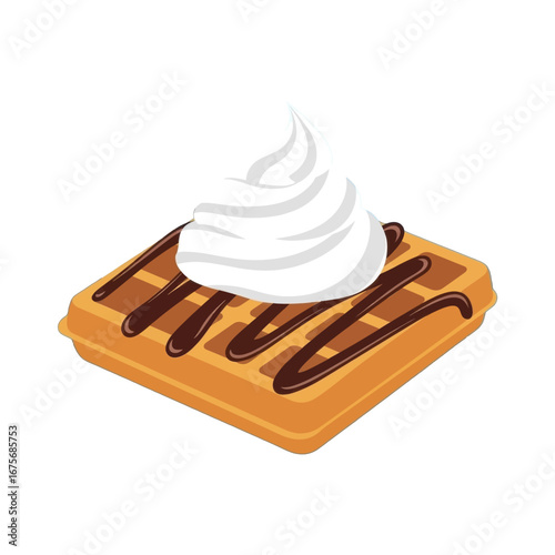 A square waffle topped with whipped cream and drizzled with chocolate syrup is presented against a black background.