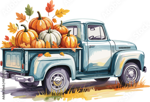 Vintage blue pickup truck filled with autumn pumpkins, watercolor illustration, fall harvest scene, seasonal decoration, rustic countryside theme