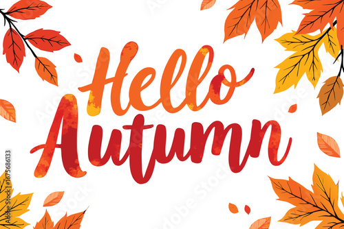 Vibrant Hello Autumn Typography Surrounded by Colorful Leaves on a Transparent Backdrop for Seasonal Design Projects