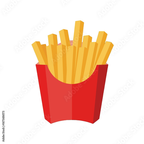 Crispy french fries in a red cardboard container against a dark background.