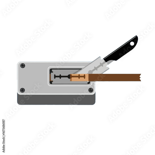 A metallic razor blade cartridge, depicted in a flat design style, displays a blade being inserted.