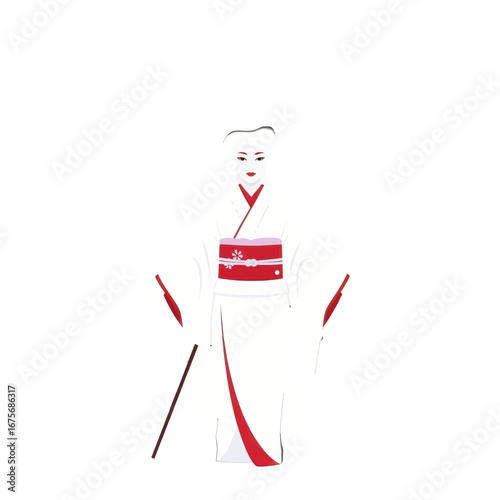 A stylized illustration of a geisha in traditional white kimono with accents of red, presented against a plain black backdrop.