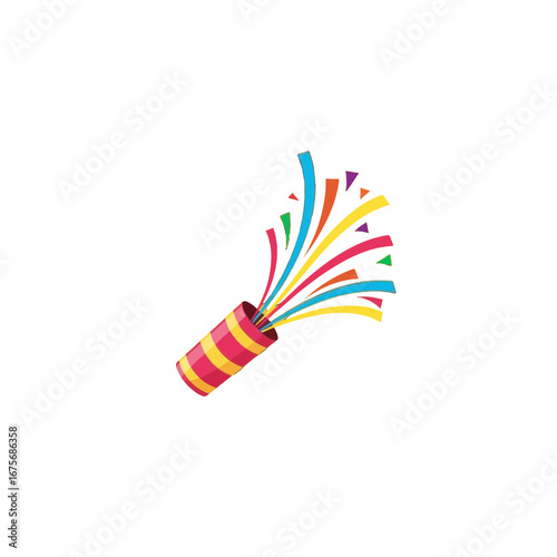 A colorful, festive party popper erupts with vibrant confetti against a striking black background.