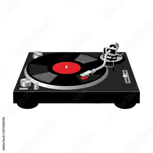 A stylish, modern illustration of a record player against a bold black backdrop.