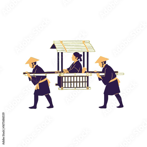 Two figures carrying a traditional Japanese palanquin, showcasing a stylized illustration with dark colors and a simple design.