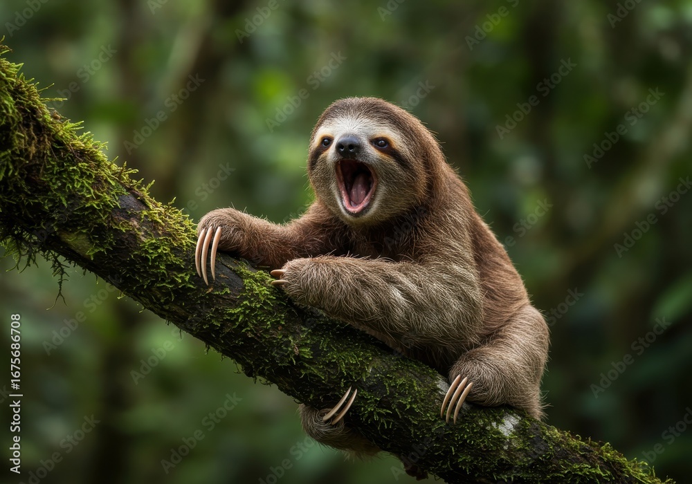 Fototapeta premium A sloth with its mouth open, perched on a moss-covered branch in a lush green forest