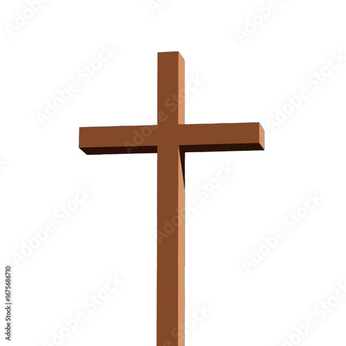 A simple, three-dimensional,  brown wooden cross stands out against a dark background.
