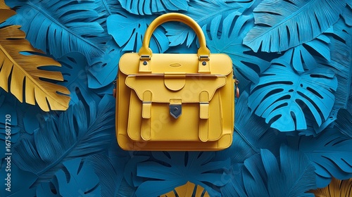 Stylish Yellow Bag Surrounded by Bold Tropical Leaves in Bright Blue Background Ideal for Festive Poster Illustrations