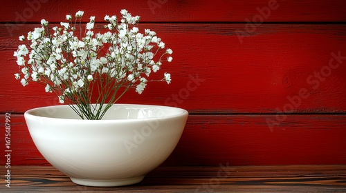 Minimalist White Bowl with Delicate White Flowers Against Red Wooden Background