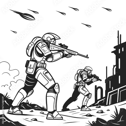 Futuristic soldiers advancing on a ruined battlefield under meteor shower
