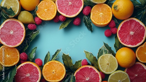 Vibrant Fruit Collage with Citrus and Berry Cutouts for Festive or Decorative Background