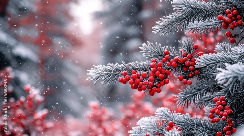 Festive Collage Style Design Featuring Realistic Red Berries with Snow on Evergreen Branches for Holiday Celebrations