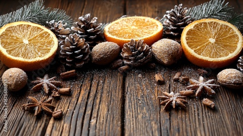 Festive Collage with Realistic Cutouts of Oranges and Pinecones on Rustic Wooden Background for Holiday Decorations