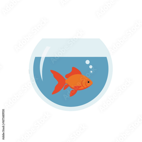 A simple, flat illustration of a goldfish swimming in a round fishbowl.