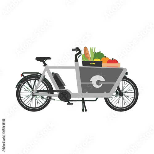 A gray electric bicycle with a large, full cargo basket carrying assorted fresh produce and baked goods is depicted.