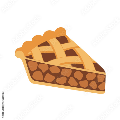 A delectable slice of pie, featuring a warm brown filling, highlighted by a golden crust, presented against a striking black background.