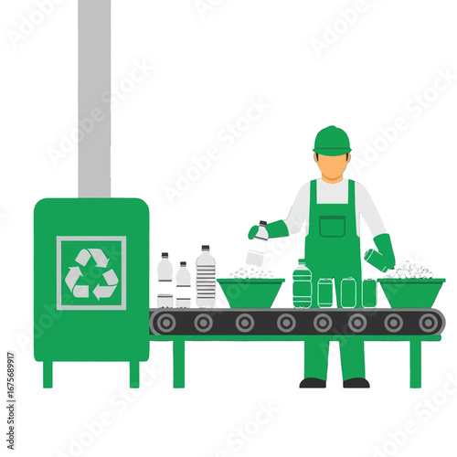 Recycling facility worker sorts different types of recyclable materials on a conveyor belt.