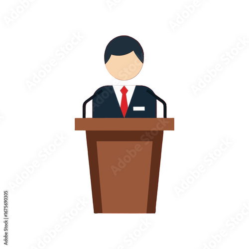 A stylized illustration depicts a person in a business suit speaking at a podium, conveying a message of authority and formal communication.