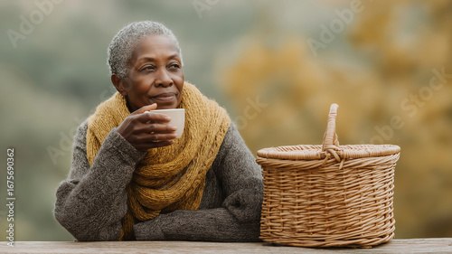 Senior black woman with wool scarf relaxing outdoors in autumn, sipping a hot beverage with picnic basket on wooden table