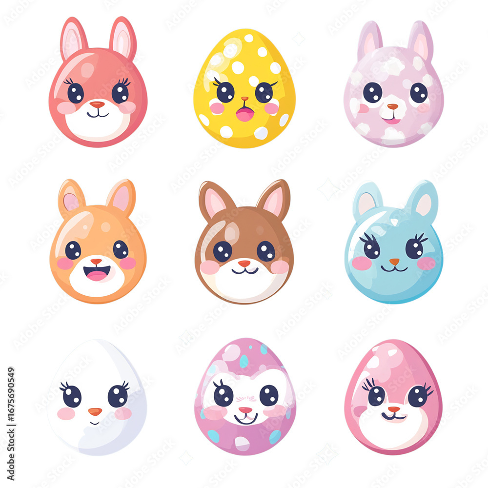 Obraz premium Kawaii Easter Egg Characters: Cute Bunny, Rabbit, Bear & Baby Animals with Happy Faces, Pastel Cartoon Clipart, Colorful Stickers, Patterns, Cards & Festive Spring Holiday Decorations