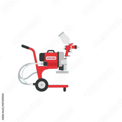 A red airless paint sprayer is depicted against a black backdrop, showcasing a spray pattern.