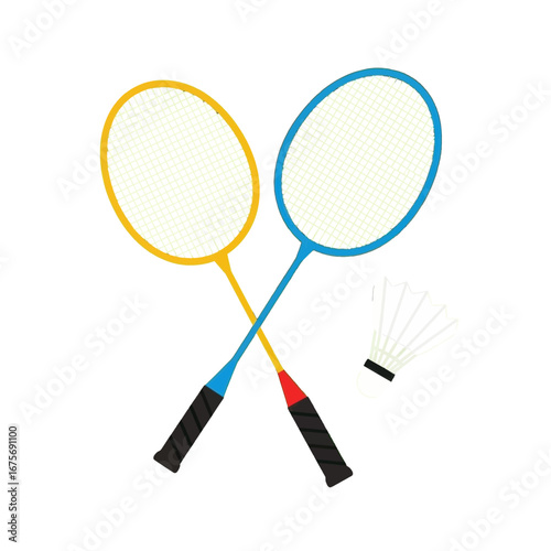 Two colorful badminton rackets crossed over each other, with a shuttlecock, against a solid black background.