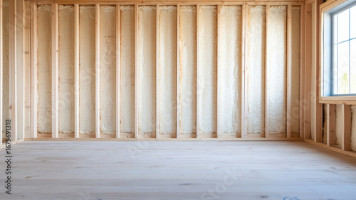 Interior of a house under construction, featuring wooden frame studs, insulation, and an unfinished floor, highlighting the building process
