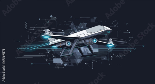 Futuristic high tech aircraft with glowing blue engines and advanced propulsion.