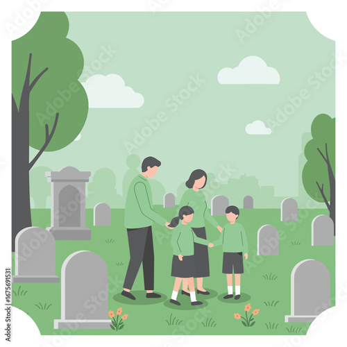 Family Visiting a Cemetery.
