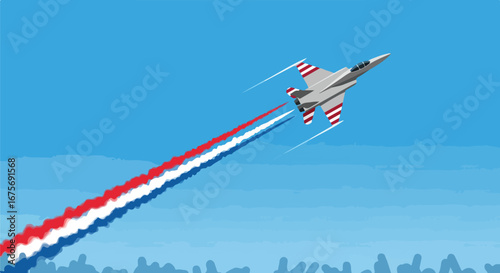 Gray Fighter Jet Flying with Red White and Blue Smoke Trail.