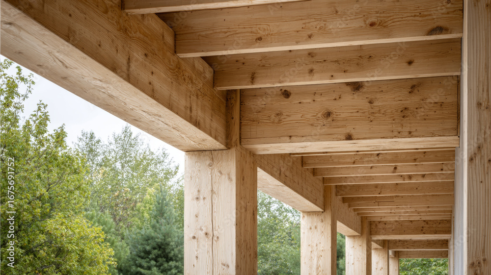 Fototapeta premium Eco friendly home construction showcasing cross laminated timber - CLT - panels, highlighting sustainable building techniques for modern architecture